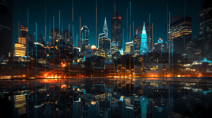 Fototapeta na wymiar Futuristic cityscape skyscrapers illuminated by digital technology and neon lights