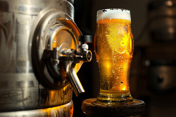 Close-up  keg of beer and freshly tapped light delicious filling a Glasses mug light of beer - 762446708