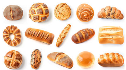 Wide collage freshly baked bread items isolated on white background. Generative AI.