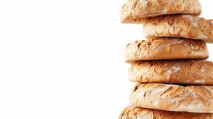 Stack of various types of baked bread on white background. There is space for text. Generative AI.