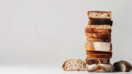 Foto op Aluminium Stack of various types of baked bread on white background. There is space for text. Generative AI. © pomiti