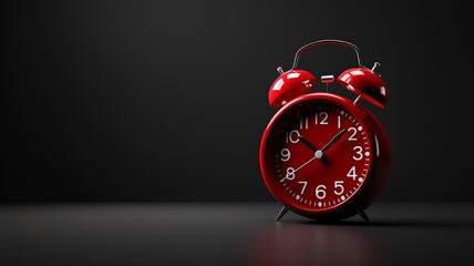 Red alarm clock with timeless design stands out on a monochrome background - obrazy, fototapety, plakaty