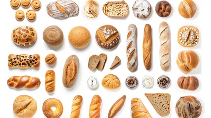 Gordijnen Wide collage freshly baked bread items isolated on white background. Generative AI. © pomiti