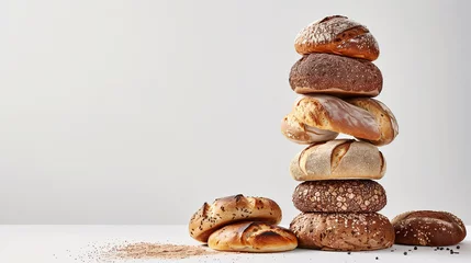 Fotobehang Stack of various types of baked bread on white background. There is space for text. Generative AI. © pomiti