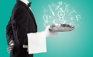 Waiter holding silver tray with food icons above - 762447577