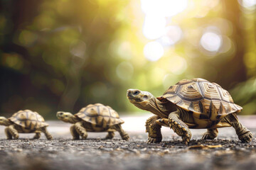Warm sunlight casts a glow on a family of tortoises as the little ones follow the lead of the parent across a path