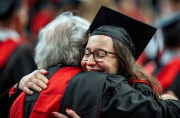 Emotional moment of a female graduate hugging an elder during commencement with visible joy and pride
