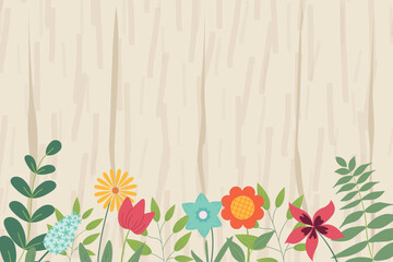 Hand sketched background, vector illustration. Border with leaves and flowers for greeting card, invitation template in pastel colors on wooden texture background. Retro, poster, background.