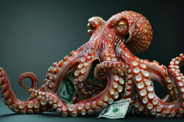 A vividly textured red octopus cleverly intertwines with US dollar bills highlighting financial concepts and aspects