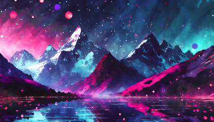 Abstract Cyberpunk futuristic Mountains with sparkling particles floating on digital art concept, Generative AI.