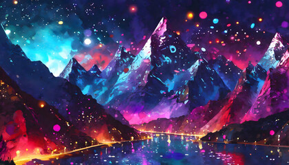 Abstract Cyberpunk futuristic Mountains with sparkling particles floating on digital art concept, Generative AI. - obrazy, fototapety, plakaty