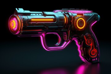 Futuristic Neon pistol arcade gun. Danger cyber. Generate Ai