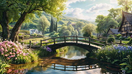 Scenic Countryside Landscape, Stone Bridge Over Stream Surrounded by Blooming Flowers and Green Hills