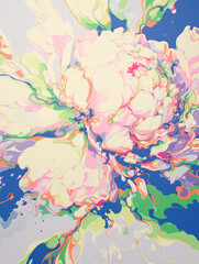 Abstract peony. Expressive artwork of flower. Colorful paint stains. Floral gouache or acrylic painting. Explosion and splash of colors. Illustration for poster, notebook cover. Generative AI