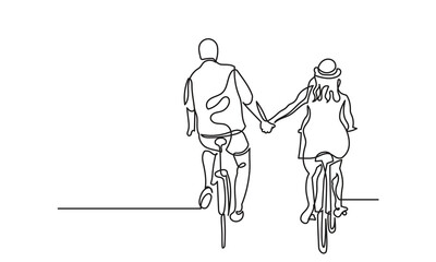 Continuous line drawing of Happy couples riding bicycles and cycling with a Healthy lifestyle hand holding each other.Romantic cycling couple single-line art of a classic bicycle .