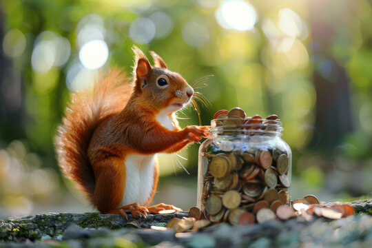 A red squirrel stands beside a glass jar overflowing with multiple coin currencies in a woodland setting