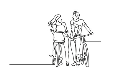 Continuous line drawing of Happy couples riding bicycles and cycling with a Healthy lifestyle.Romantic cycling couple single-line art of a classic bicycle isolated on a white background.