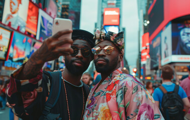 Obraz premium Stylish urban men posing for a selfie in a bustling cityscape with neon lights