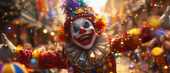 Joyful 3D cartoon Mardi Gras parade characters in costumes - obrazy, fototapety, plakaty
