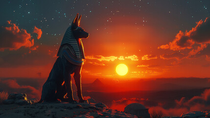 Majestic 3D cartoon Anubis standing guard at a tombs entrance - obrazy, fototapety, plakaty