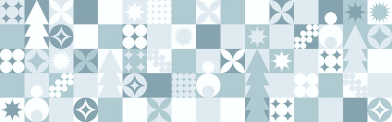 Geometric seamless pattern with winter blue patterns, Christmas trees in Scandinavian style. New Year's fashionable color pattern for textiles and wallpaper, gift design trend.