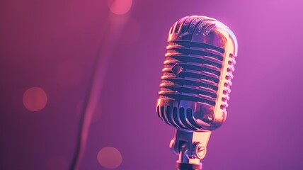 Fototapeta na wymiar Vintage microphone awaiting performance against a radiant violet gradient backdrop