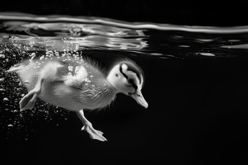 Black and White Duckling Floating Serenely, Illustration Isolated on Black. Generative AI.
