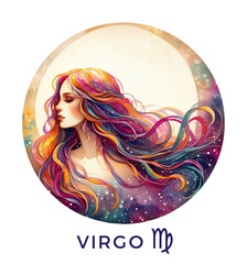 Virgo Zodiac Sign. Watercolor Astrological Symbol. Generative AI.									 - 762449721