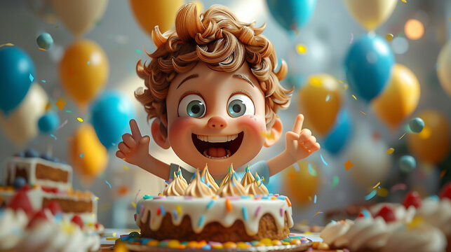 3D cartoon character celebrating a personal milestone balloons