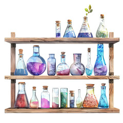 watercolor of A shelf filled with various science experiment supplies, from test tubes to beakers with spakle and glitter isolated on white background, realistic