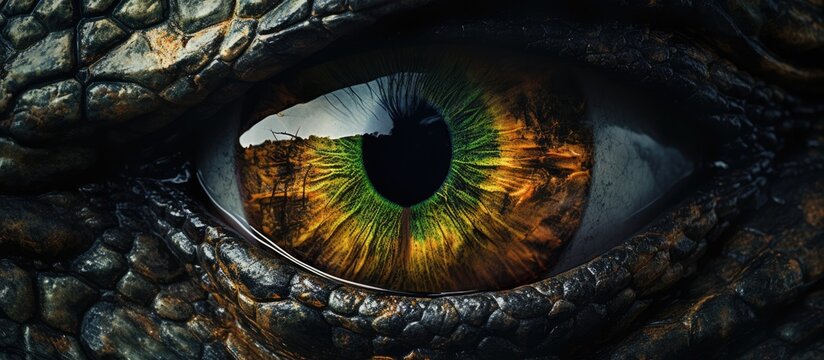A close up of a dragons eye, featuring a green pupil and intricate details of the eyelash and iris. The macro photography captures the symmetry and darkness within the circle of the eye
