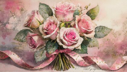 Bukiet różowych róż na różowym tle