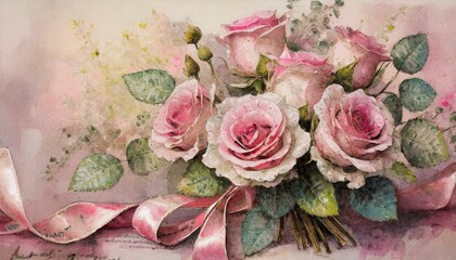 Bukiet różowych róż na różowym tle - obrazy, fototapety, plakaty