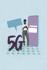 Vertical collage of mini black white colors person use smart phone big screen dialogue bubble 5g...