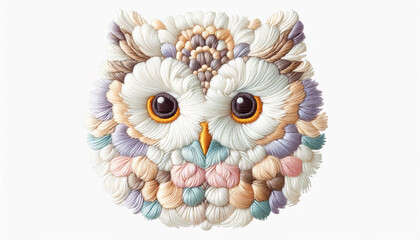 Owl face embroidery art white and soft pastel tones isolated on white canvas background.