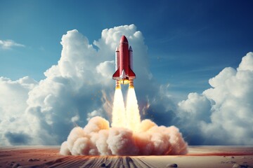 a rocket taking off from a desert - obrazy, fototapety, plakaty