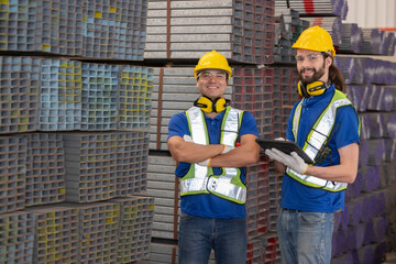 Caucasian engineers with yellow hardhat inspect steel bars with tablet in a factory