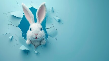 White rabbit peeks out of ripped hole in blue background.