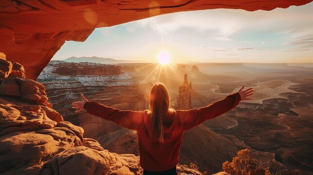 Adventurous Woman at a Scenic American Landscape and Red Rock Mountains in Desert Canyon. Spring Season. Sunrise Sky. Mesa Arch in Canyonlands National Park. Utah, United States. Adventure Travel
