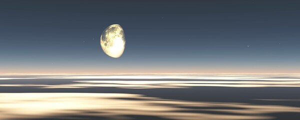 Landscape with the moon in the blue sky, 3D rendering