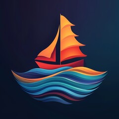 Sailing boat navigating through waves of color, crafting a peaceful and serene vector logo.