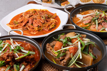 Korean food, pork back ribs, steamed pork back ribs, spicy, stir-fried budae, budae jjigae, beef, fried beef, spam, musubi, pork cutlet,