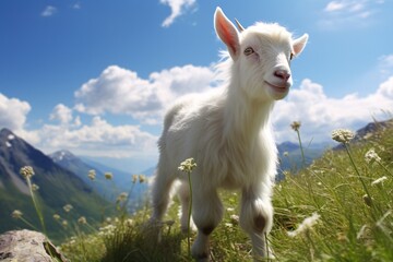a white goat standing on a grassy hill