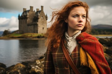 Tartan-clad Scot woman skirt scottish castle. Tower palace. Generate Ai - obrazy, fototapety, plakaty