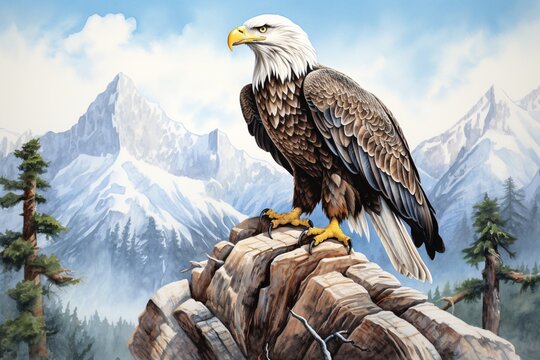 a painting of a bald eagle on a rock