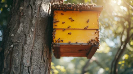 Fotobehang Beekeeping involves attaching wooden boxes to large trees for bees to build nests for collecting nectar from the hive. © Gun
