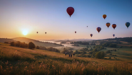 a balloon is flying at sunset, a balloon in the clouds, a lot of balloons in the sky