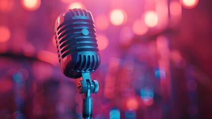 Fototapeta na wymiar Classic microphone on stage with a blurred bokeh background of concert lights