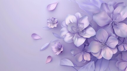 This lavender and pastel floral 3D illustration template includes a spot for text. The background is violet. Purple lilac flowers and petals are watercolor style modern illustrations with a purple