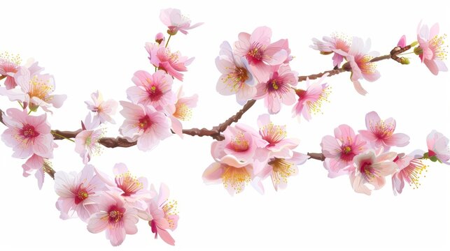 Pink blossoming sakura tree branch. Modern isolated illustration on white.